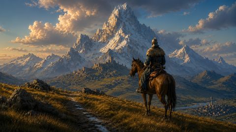 GRID THUMBNAIL — Armoured rider on horseback overlooks a vast valley of castles and rivers beneath a towering snow-capped mountain at golden hour skies.