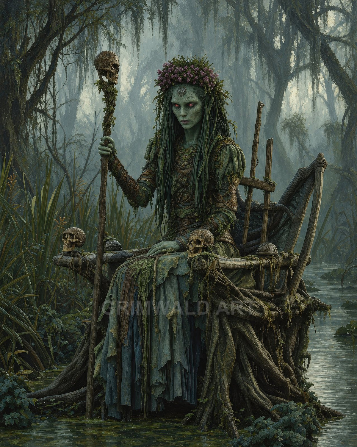 Green-skinned swamp witch with flower crown sits on a throne of twisted roots, holding a skull-topped staff in a misty bog.