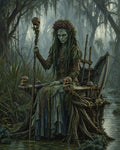 GRID THUMBNAIL — Green-skinned swamp witch with flower crown sits on a throne of twisted roots, holding a skull-topped staff in a misty bog.
