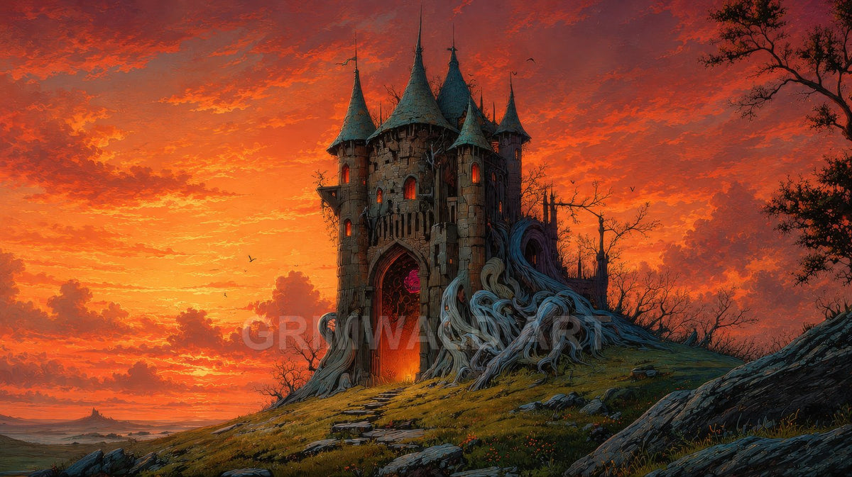 A dark spired castle, tangled with gnarled roots, glows red within as a vivid orange sunset spreads across the sky over a rocky hillside path.