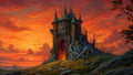 GRID THUMBNAIL — A dark spired castle, tangled with gnarled roots, glows red within as a vivid orange sunset spreads across the sky over a rocky hillside path.