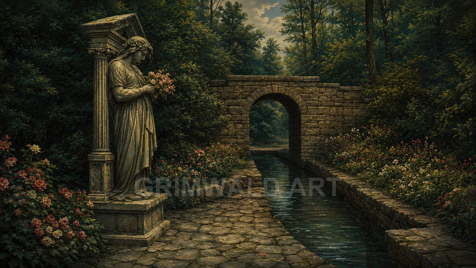 A stone arch bridge spans a narrow canal through a wooded garden; a classical statue with roses stands beside a cobblestone path at twilight.
