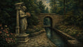 GRID THUMBNAIL — A stone arch bridge spans a narrow canal through a wooded garden; a classical statue with roses stands beside a cobblestone path at twilight.