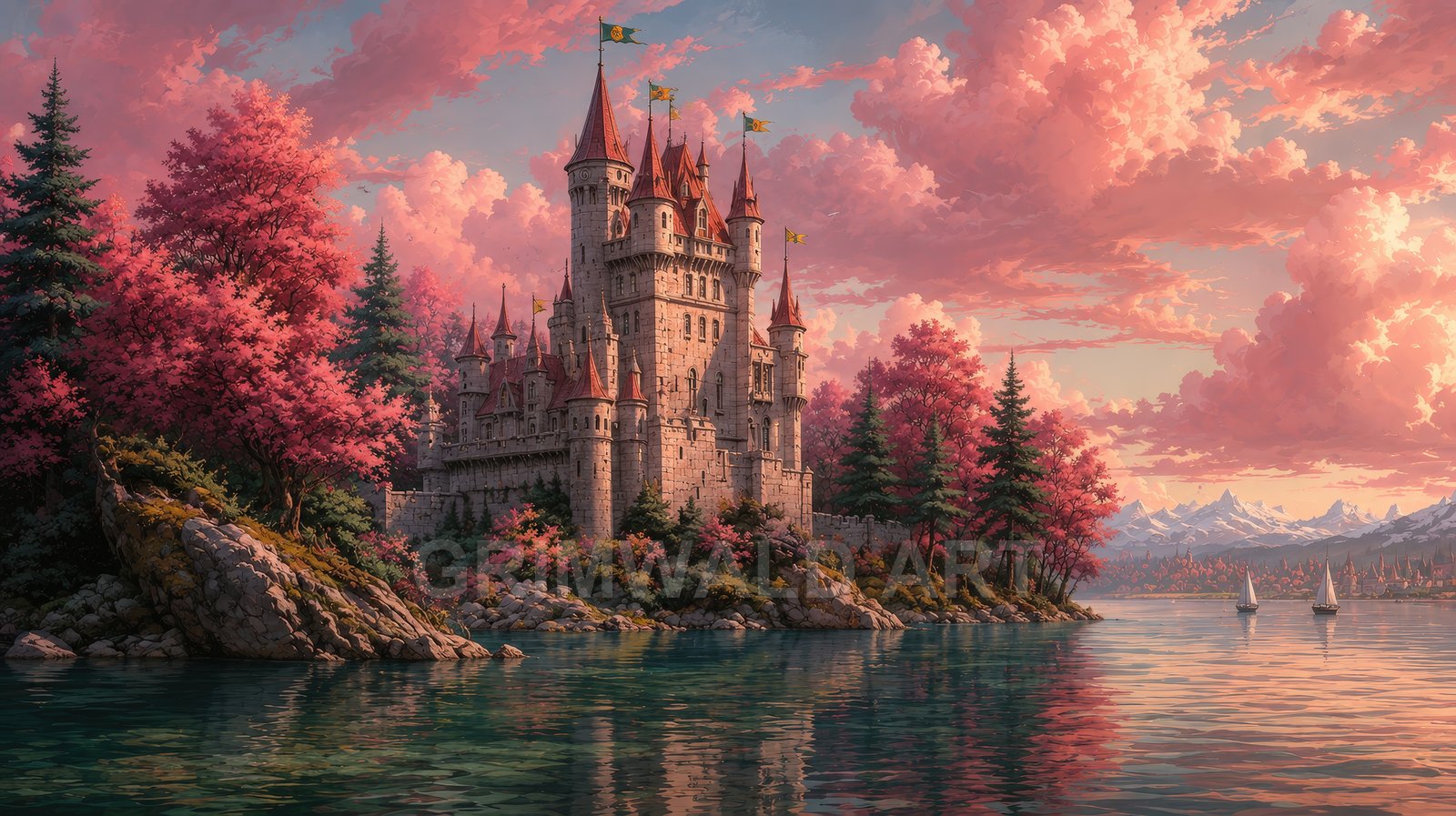 Fairytale stone castle with red spires on a rocky lakeshore, framed by pink trees, calm water, and distant snowy mountains at sunset.