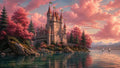 GRID THUMBNAIL — Fairytale stone castle with red spires on a rocky lakeshore, framed by pink trees, calm water, and distant snowy mountains at sunset.
