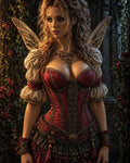 GRID THUMBNAIL — Portrait of a fairy woman with delicate wings and ornate red corset dress, standing in ivy-draped stone ruins, bathed in warm golden light.