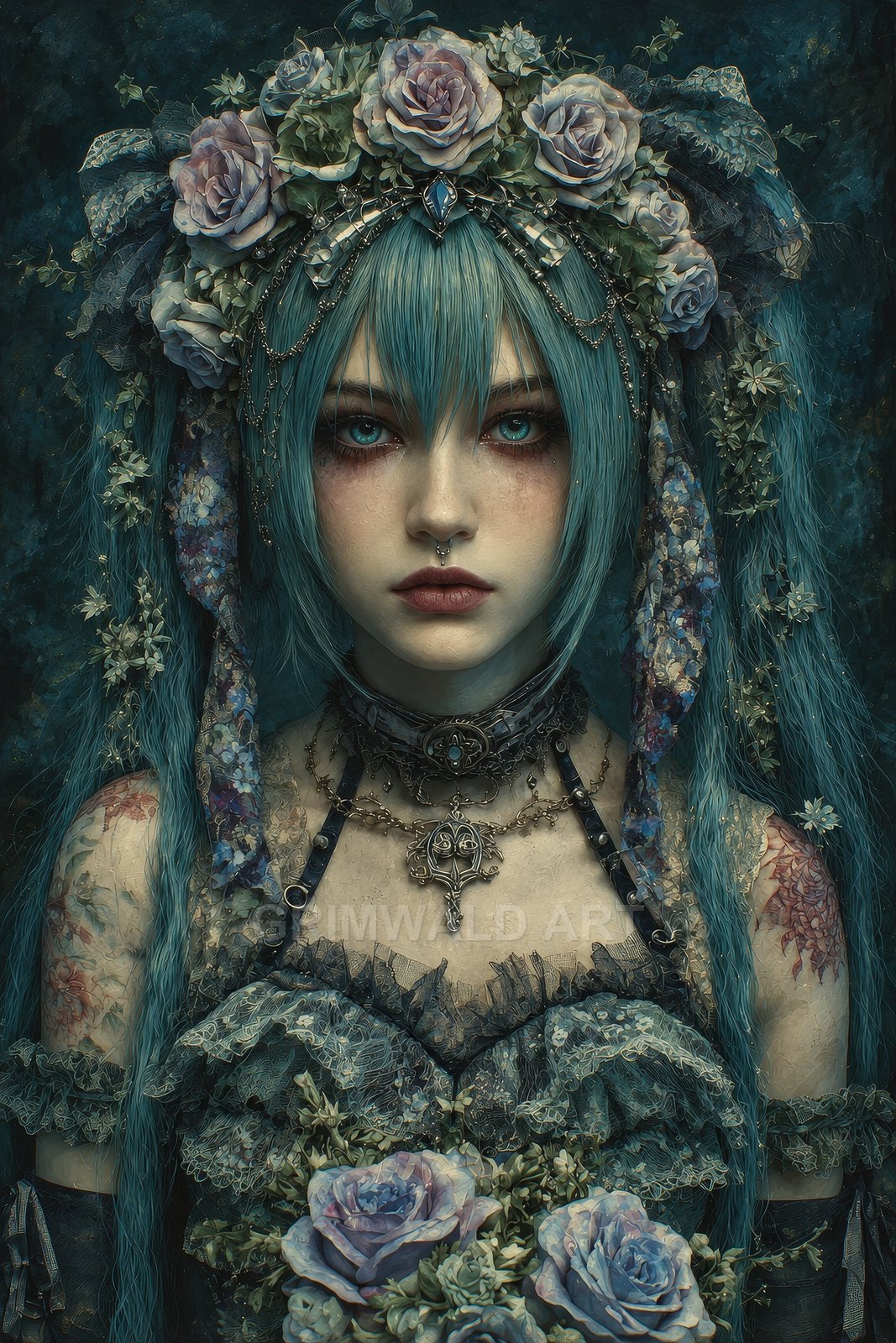 Gothic fantasy portrait of a teal-haired woman with a flower crown, lace dress, and ornate jewellery, holding a bouquet of roses against a dark backdrop.