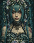 GRID THUMBNAIL — Gothic fantasy portrait of a teal-haired woman with a flower crown, lace dress, and ornate jewellery, holding a bouquet of roses against a dark backdrop.