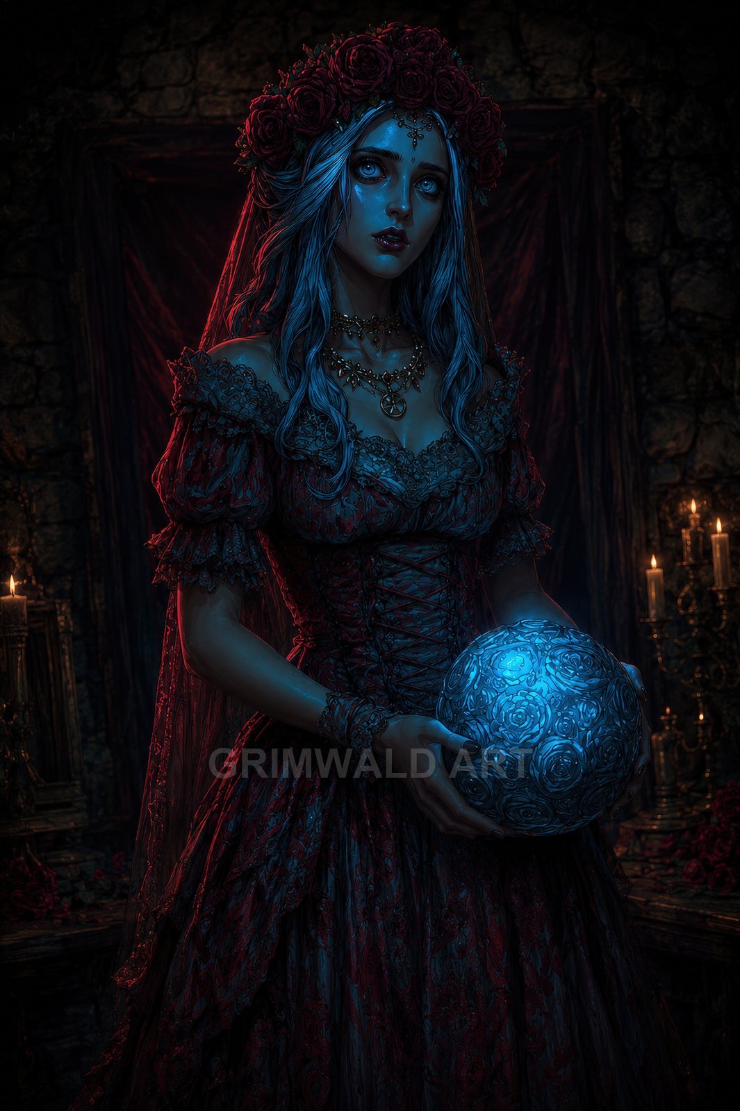 Gothic woman in a red lace gown and rose crown holds a blue glowing orb in a candlelit stone chamber, gazing solemnly forward.