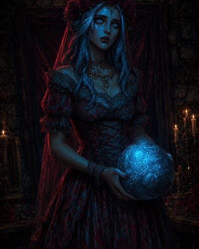 GRID THUMBNAIL — Gothic woman in a red lace gown and rose crown holds a blue glowing orb in a candlelit stone chamber, gazing solemnly forward.