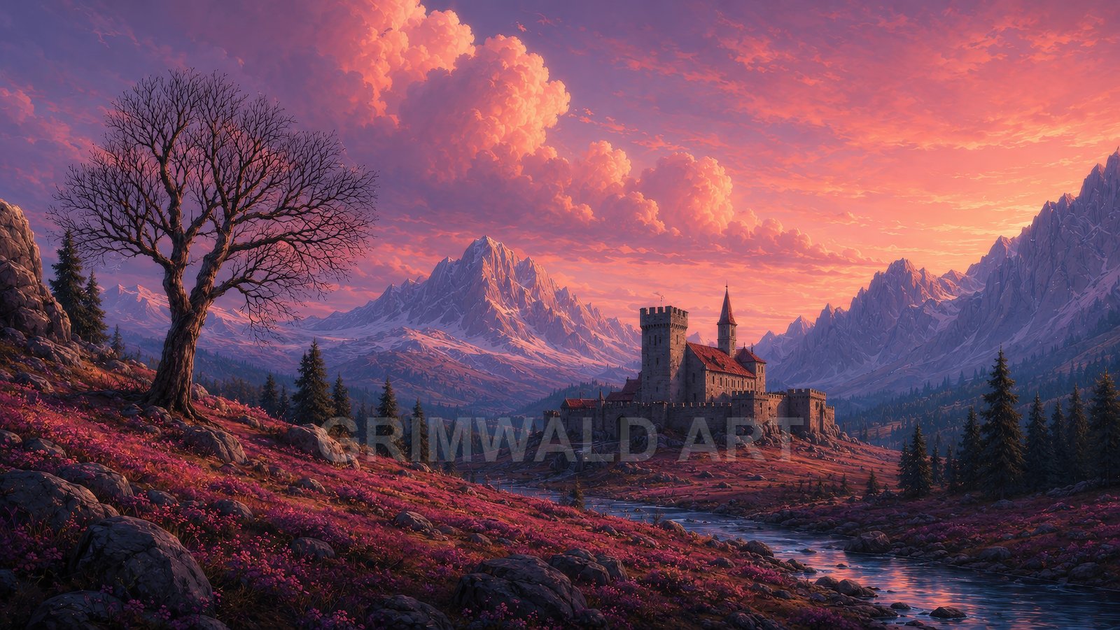 A stone castle with tower and spire sits by a winding river beneath pink sunset clouds, framed by rugged snowy mountains and a leafless tree.