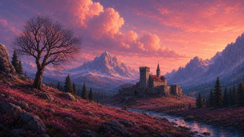 GRID THUMBNAIL — A stone castle with tower and spire sits by a winding river beneath pink sunset clouds, framed by rugged snowy mountains and a leafless tree.