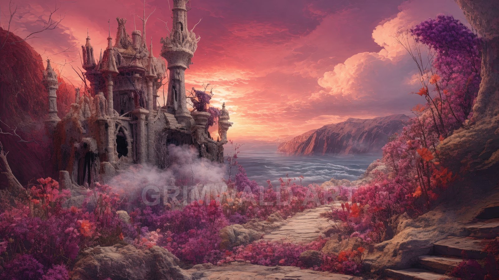 Weathered gothic castle ruins rise beside a misty coastline at sunset, framed by pink and purple wildflowers, rugged cliffs, and a winding stone path.
