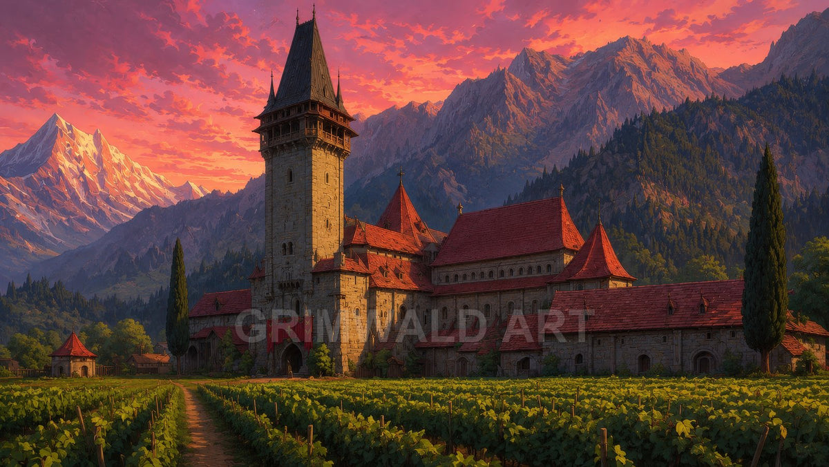 Rose-Tiled Mountain Keep – Retro Fantasy Landscape Art