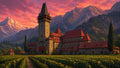 GRID THUMBNAIL — Stone castle with tall central tower and red tiled roofs beside vineyards and cypress trees, against rugged alpine mountains and vivid orange-pink sunset sky.