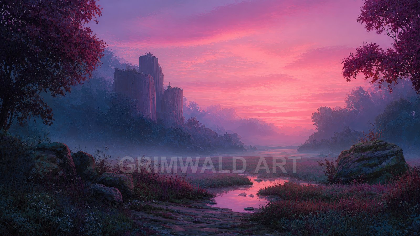 Misty pink sunset over a quiet marsh with reflective pools, distant overgrown castle ruins, and dark trees framing the scene.