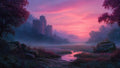 GRID THUMBNAIL — Misty pink sunset over a quiet marsh with reflective pools, distant overgrown castle ruins, and dark trees framing the scene.