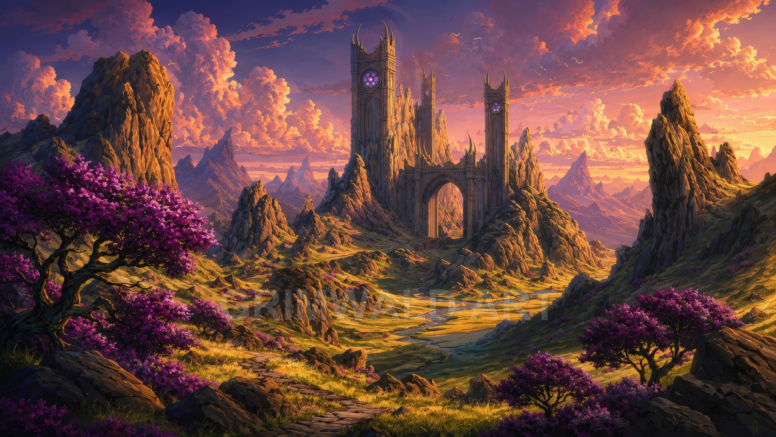 Sunlit fantasy valley with towering gothic citadel, arched gateway, jagged mountains, winding path and purple-blossomed trees under a dramatic golden-hour sky.