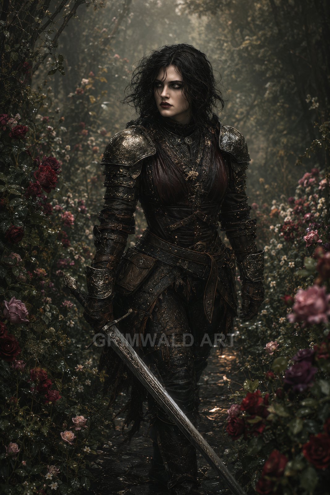 A dark-haired armoured female knight walks through a rain-damp rose garden, holding an ornate longsword, lit by moody twilight amid dense foliage.