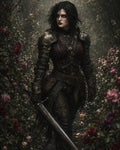 GRID THUMBNAIL — A dark-haired armoured female knight walks through a rain-damp rose garden, holding an ornate longsword, lit by moody twilight amid dense foliage.