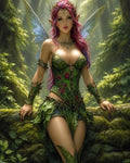 GRID THUMBNAIL — A winged forest fairy with pink hair and leaf-and-vine armour leans on a mossy log amid sunlit woodland, dappled light filtering through trees.