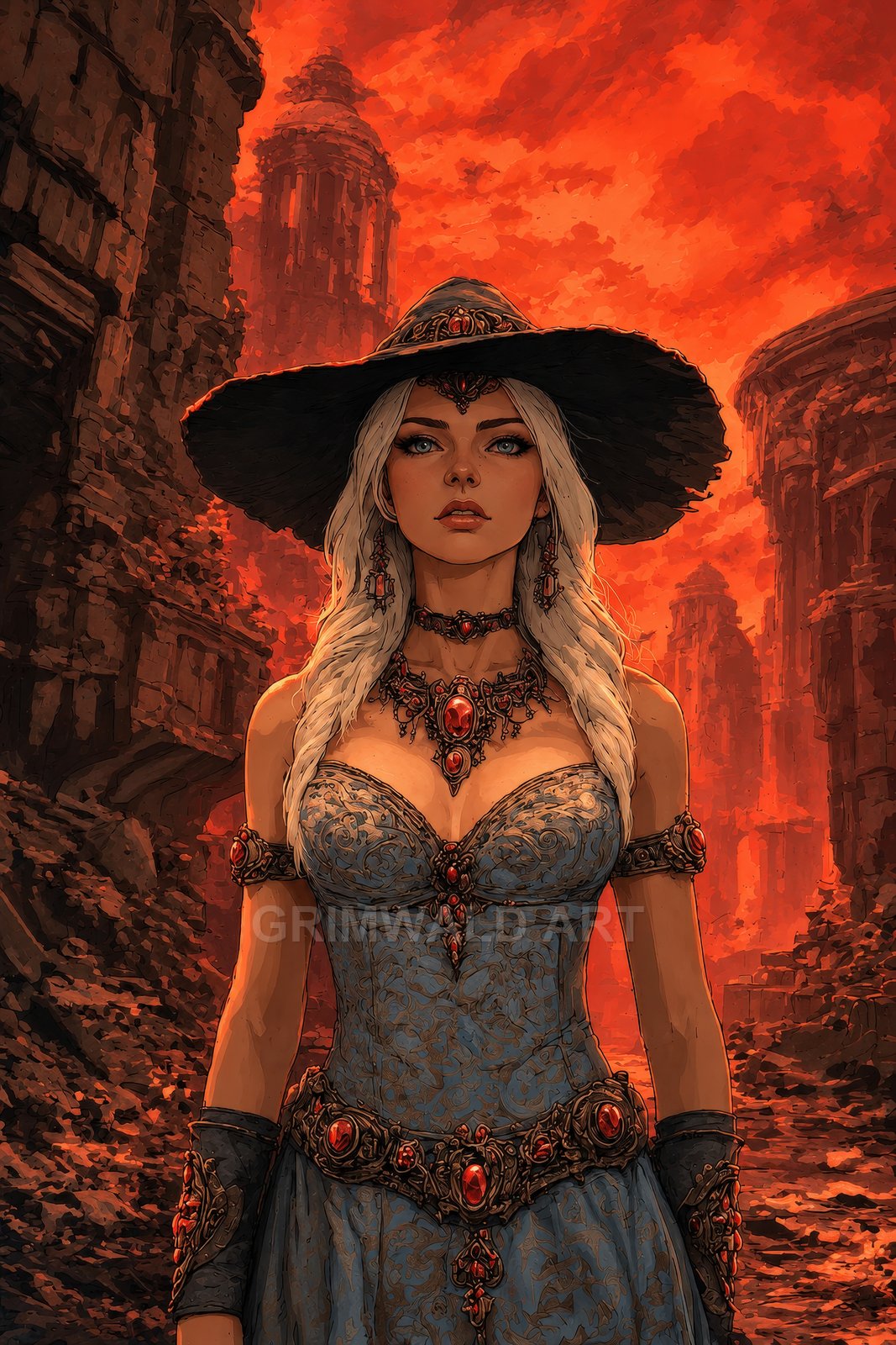 Blonde witch in wide black hat stands before towering ruins under a fiery orange sky, wearing a blue brocade dress and ruby-studded jewellery.