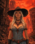 GRID THUMBNAIL — Blonde witch in wide black hat stands before towering ruins under a fiery orange sky, wearing a blue brocade dress and ruby-studded jewellery.