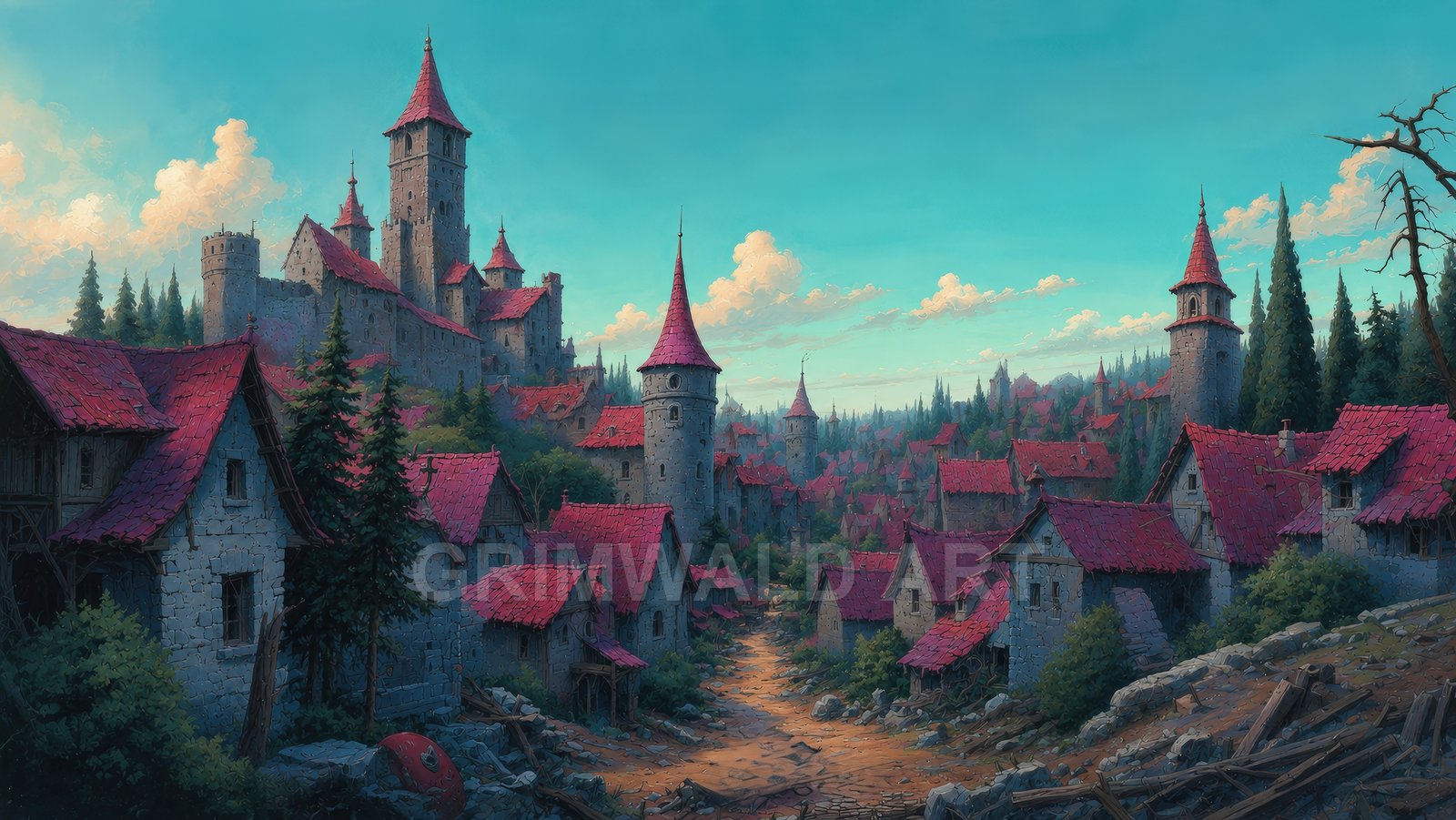 Ruby-Roofed Valley Citadel – Retro Fantasy Landscape Art