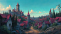 GRID THUMBNAIL — Stone cottages with red tiled roofs line a winding dirt road beneath clustered castle towers, tall evergreens, and a bright turquoise sky with clouds.