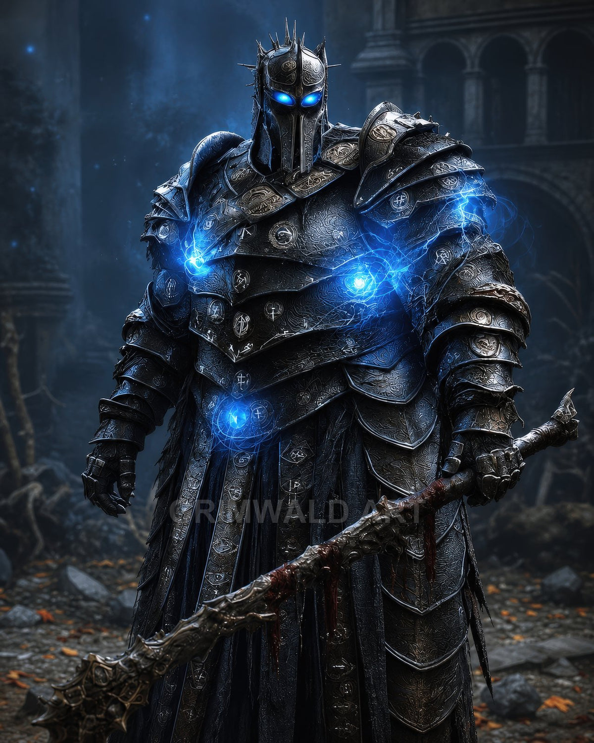 A towering armoured knight with glowing blue eyes and runed plate, crackling with energy, gripping a blood-stained staff in gothic ruins at night.