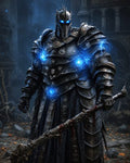GRID THUMBNAIL — A towering armoured knight with glowing blue eyes and runed plate, crackling with energy, gripping a blood-stained staff in gothic ruins at night.