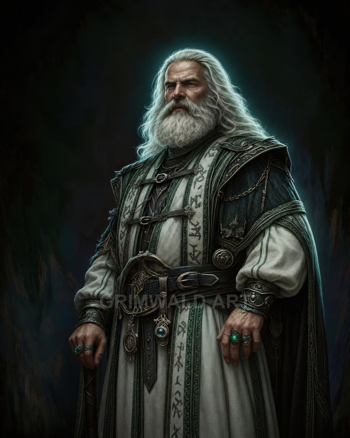 Elderly bearded wizard in emerald-trimmed robes with runic embroidery, jewellery and talismans, haloed by teal light against a dark, moody background.