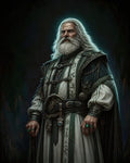 GRID THUMBNAIL — Elderly bearded wizard in emerald-trimmed robes with runic embroidery, jewellery and talismans, haloed by teal light against a dark, moody background.