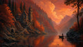 GRID THUMBNAIL — Stone abbey with tall spire on rocky lakeshore amid red autumn trees, reflected in calm valley lake at sunset, lone figure in a rowboat foreground.