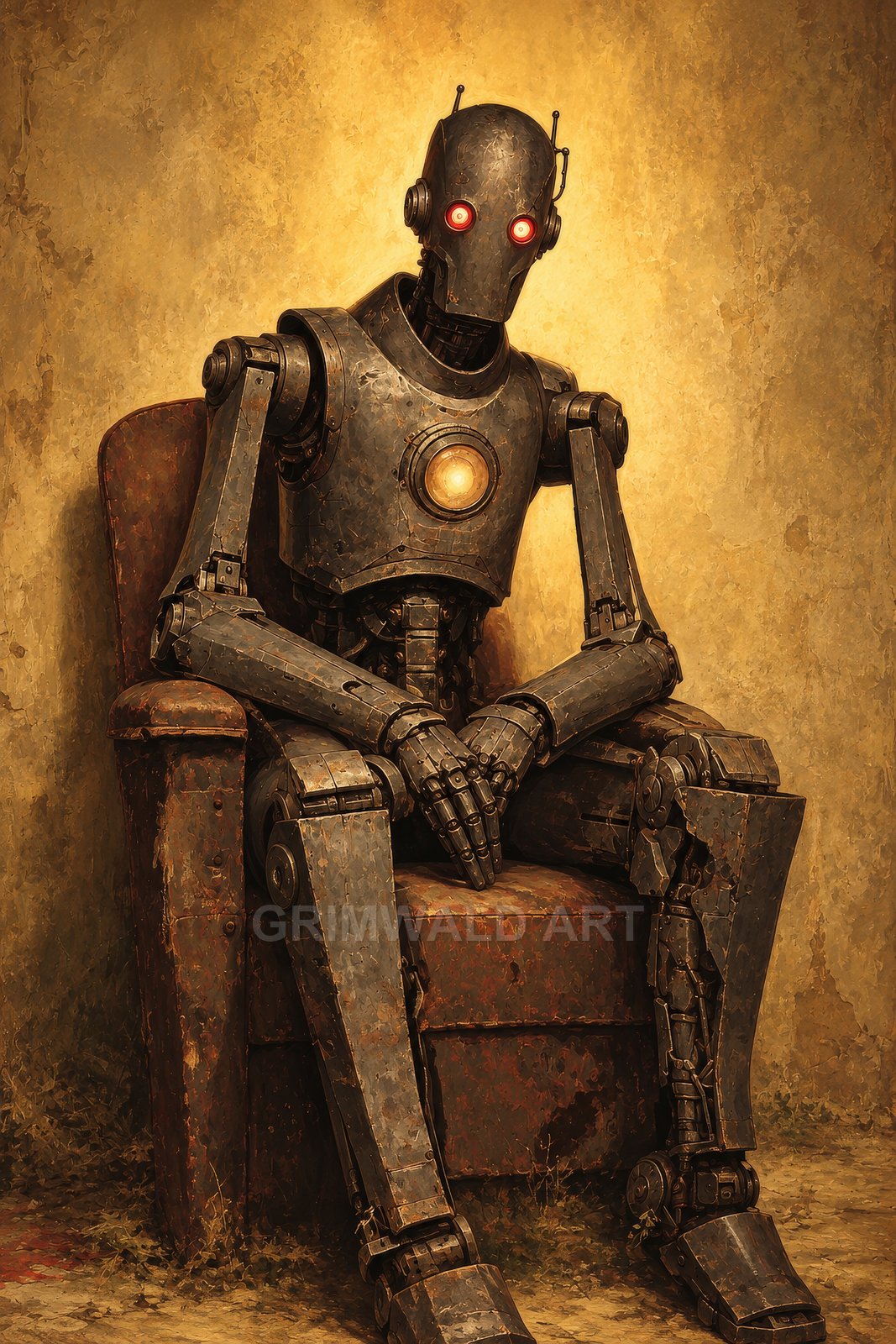 A humanoid robot with glowing red eyes and a lit chest core sits on a battered armchair against a textured ochre wall.