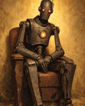 GRID THUMBNAIL — A humanoid robot with glowing red eyes and a lit chest core sits on a battered armchair against a textured ochre wall.