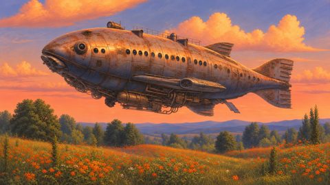 GRID THUMBNAIL — A rusted, fish-shaped steampunk airship glides above an orange wildflower meadow at sunset, with rolling blue hills and glowing cumulus clouds.
