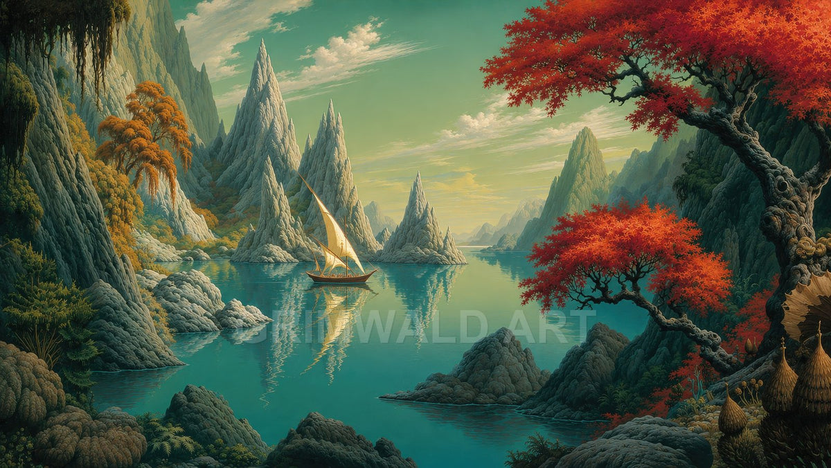 Fantasy mountain lake scene with turquoise water, jagged stone spires, a small lateen-sailed boat, and vivid red autumn trees framing rugged cliffs under soft daylight.