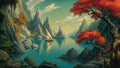 GRID THUMBNAIL — Fantasy mountain lake scene with turquoise water, jagged stone spires, a small lateen-sailed boat, and vivid red autumn trees framing rugged cliffs under soft daylight.
