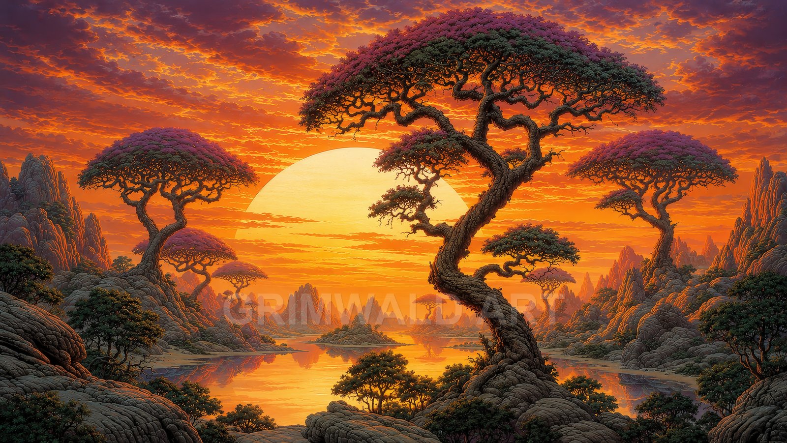 Fantastical landscape of twisted trees with pink canopies beside a calm lake, rocky spires, and an immense setting sun beneath vivid orange clouds.