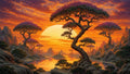 GRID THUMBNAIL — Fantastical landscape of twisted trees with pink canopies beside a calm lake, rocky spires, and an immense setting sun beneath vivid orange clouds.
