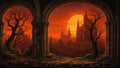 GRID THUMBNAIL — Gothic spired city bathed in deep orange sunset, seen through ivy-clad stone arches and twisted leafless trees, with crumbling steps and atmospheric haze.