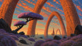 GRID THUMBNAIL — Fantasy seascape with colossal orange stone arches, lilac trees and flowers on a sandy shore, and small red-sailed boats at sunset.