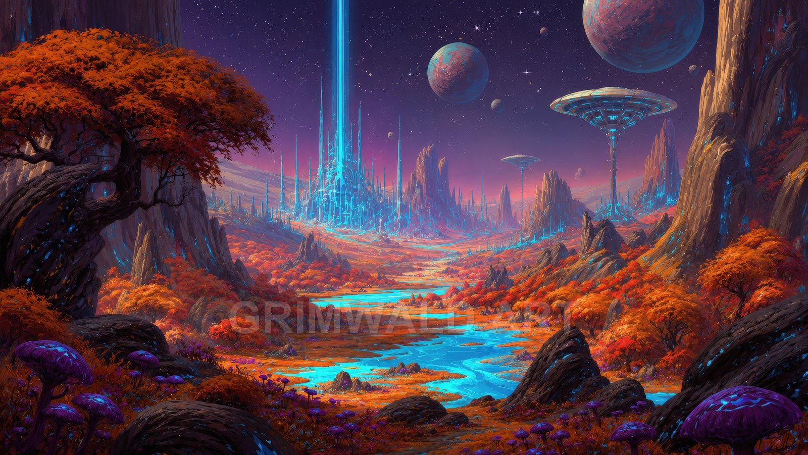 An alien valley at twilight with glowing blue rivers, a crystalline city beaming skyward, orange foliage, purple mushrooms, planets and hovering platforms.