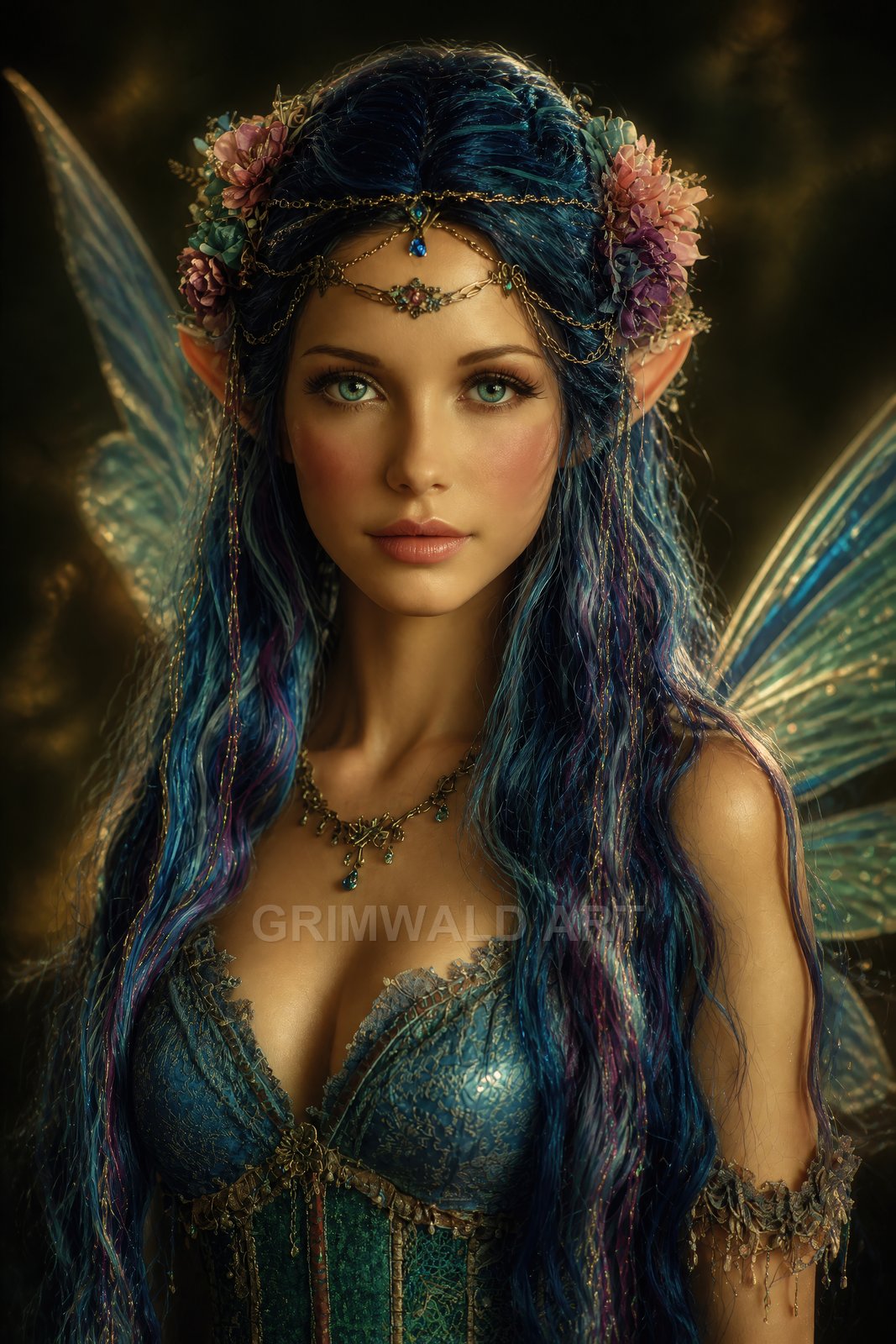 Portrait of a blue-haired fairy with delicate wings, floral headpiece and ornate jewellery, wearing a laced corset against a softly glowing dark background.