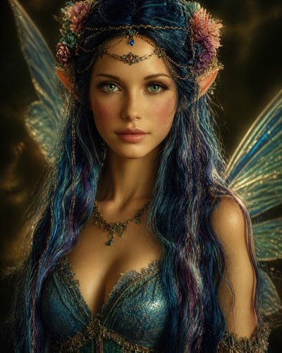 GRID THUMBNAIL — Portrait of a blue-haired fairy with delicate wings, floral headpiece and ornate jewellery, wearing a laced corset against a softly glowing dark background.
