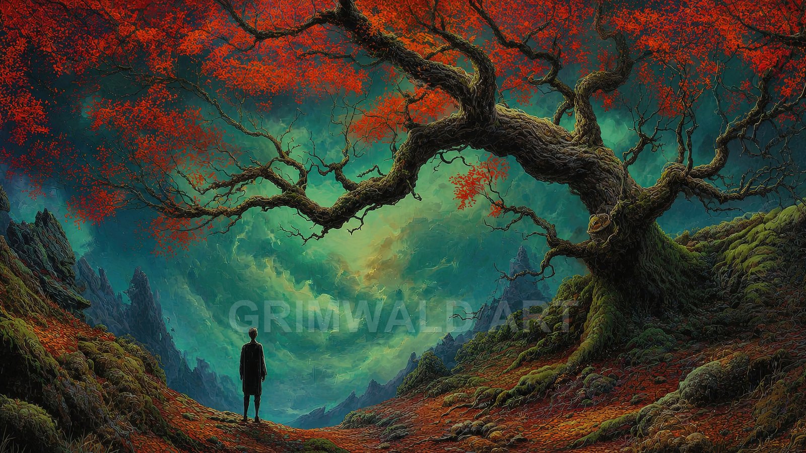 A lone figure stands beneath a vast gnarled tree with red leaves, facing a teal, swirling sky above craggy moss-covered mountains.
