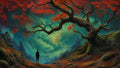 GRID THUMBNAIL — A lone figure stands beneath a vast gnarled tree with red leaves, facing a teal, swirling sky above craggy moss-covered mountains.