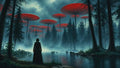 GRID THUMBNAIL — A cloaked figure stands by a misty forest lake beneath towering red mushroom canopies, teal fog and evergreens stretching into a moody twilight sky.