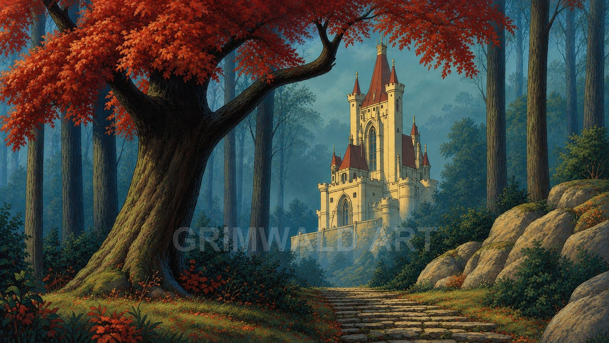 Misty forest scene with a golden-lit fairytale castle beyond stone steps, framed by a great tree with deep red autumn leaves.